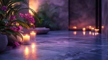 A luxury spa room with dim candlelight, marble floors, and an aroma diffuser