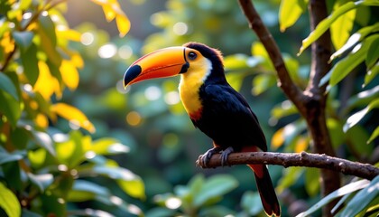 Obraz premium a vibrant toucan perched in what appears to be a tropical setting with lush greenery in the background. the toucan has distinctive yellow feathers and a large, colorful beak