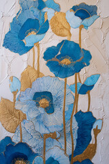 Elegant blue and gold floral design on textured wall creating a striking home decor accent