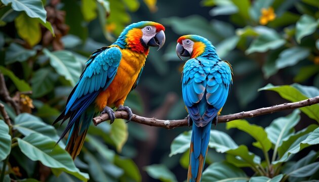 two colorful parrots perched together on a branch in an outdoor environment, possibly a lush green jungle area with trees and foliage surrounding them