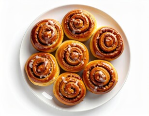 Fototapeta premium A plate of seven delicious cinnamon rolls topped with a sweet glaze is presented on a white background for a delectable bakery image.