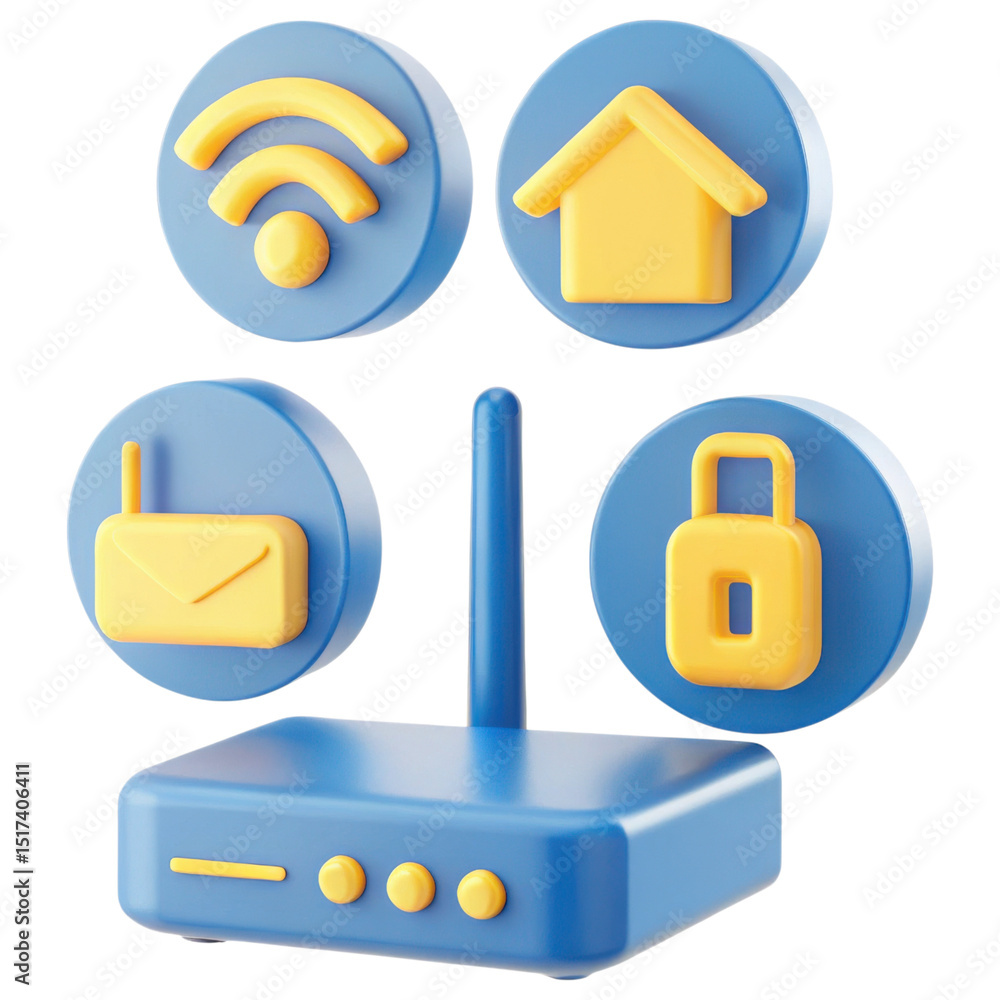 Poster wifi extender concept. router with network symbols in a blue and yellow design.