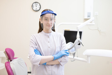 Portrait of male dentist in protective workwear at dental clinic