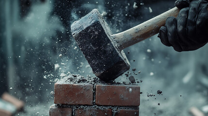 A gloved hand wields a hammer, striking bricks and sending debris flying in a dynamic display of force.
