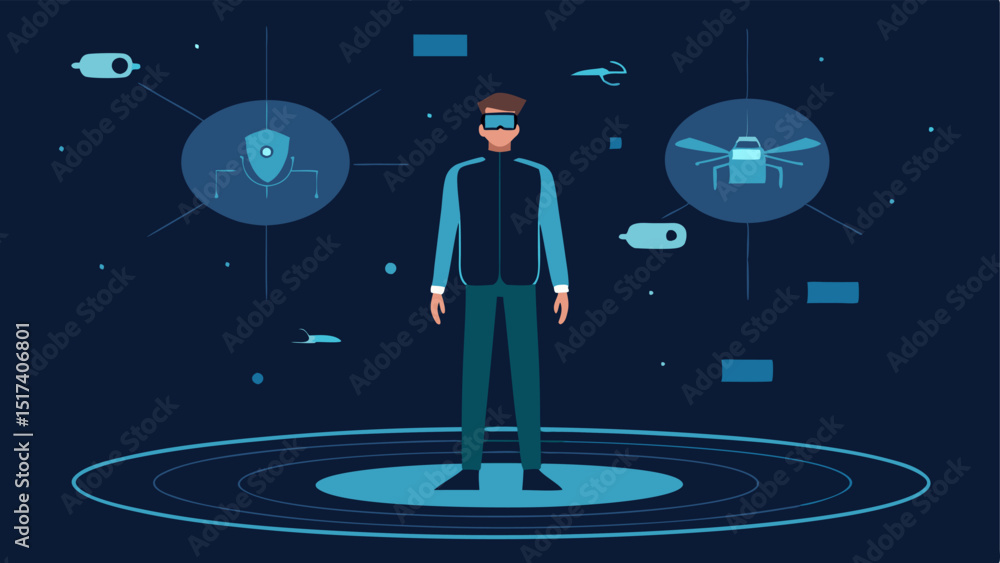 Poster Holographic Feedback The biohacker stands in front of a holographic projection displaying the drones telemetry emphasizing the interaction between human commands and drone
