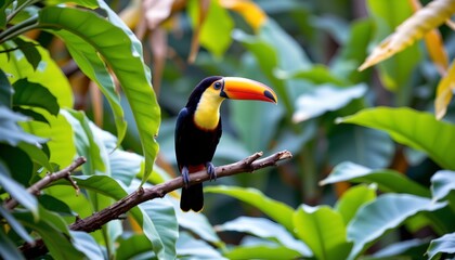 a close up view of a tropical rainforest. a vibrant toucan is perched confidently on a tree branch, occupying the central part of the frame