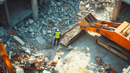 Construction Worker Operating Heavy Machinery Amidst Debris