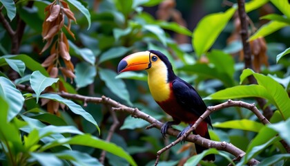 Obraz premium a vibrant parrot with a yellow and red body perches confidently on a branch, surrounded by lush green foliage