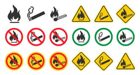 No open fire, no smoking icon symbol. No open flame sparkle logo sign. Not allowed, do not make fire. Prohibition, Prohibited, forbidden. Vector illustration. Isolated on white background.