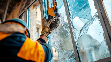 Worker Removing Shattered Glass from a Building Frame