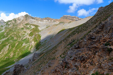 Mountain panorama with summit Dent de Morcles and hiking footpath in Swiss Alps, Switzerland