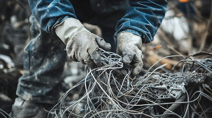 Worker Sorting Tangled Wires in a Recycling Yard