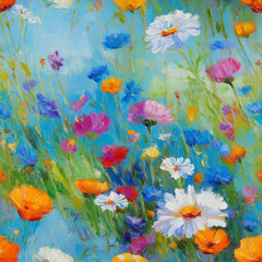 Vibrant wildflower field capturing a sunny day with colorful blooms in full bloom across the landscape