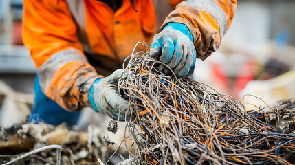 Worker Handling Tangled Electrical Wires for Recycling