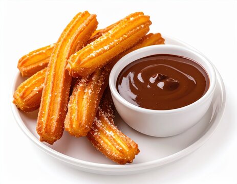 Delicious golden brown churros dusted with sugar served with a rich decadent bowl of melted chocolate dipping sauce on a white plate.