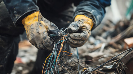 Worker Handling Tangled Wires Amidst Debris