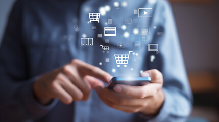 スマートフォンを操作する男性と観葉植物や買い物袋に囲まれたおしゃれなマーケット