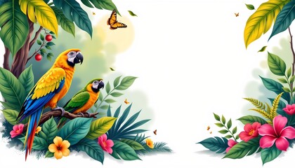 a charming illustration set in a tropical jungle environment