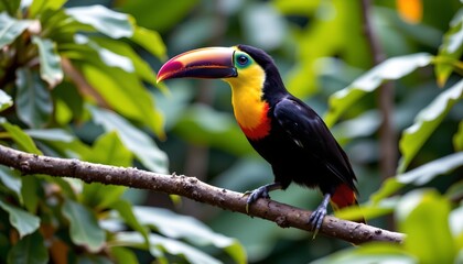 a tropical parrot with vibrant plumage is perched on a branch in what appears to be a lush, green environment