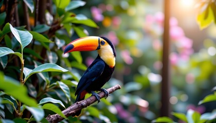 a macaw perched on a branch in a lush environment. the bird is vibrant with yellow and green plumage and has a distinct red beak