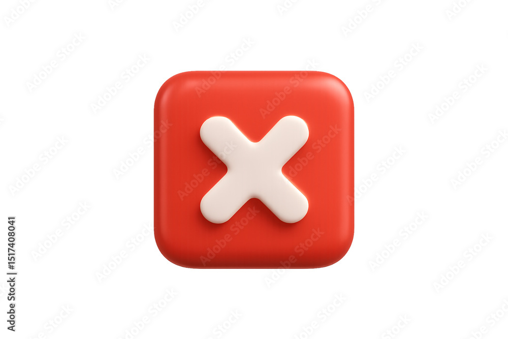 Aufkleber a bright red square button with rounded corners containing a white x symbol for canceling, isolated 