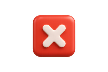 Obraz premium A bright red square button with rounded corners containing a white X symbol for canceling, isolated on a transparent background