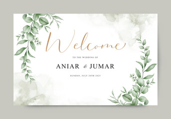 Wedding invitation card template welcome sign set watercolor leaves
