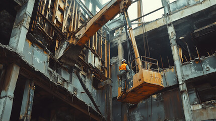 Worker on a crane-operated platform dismantles an industrial building structure
