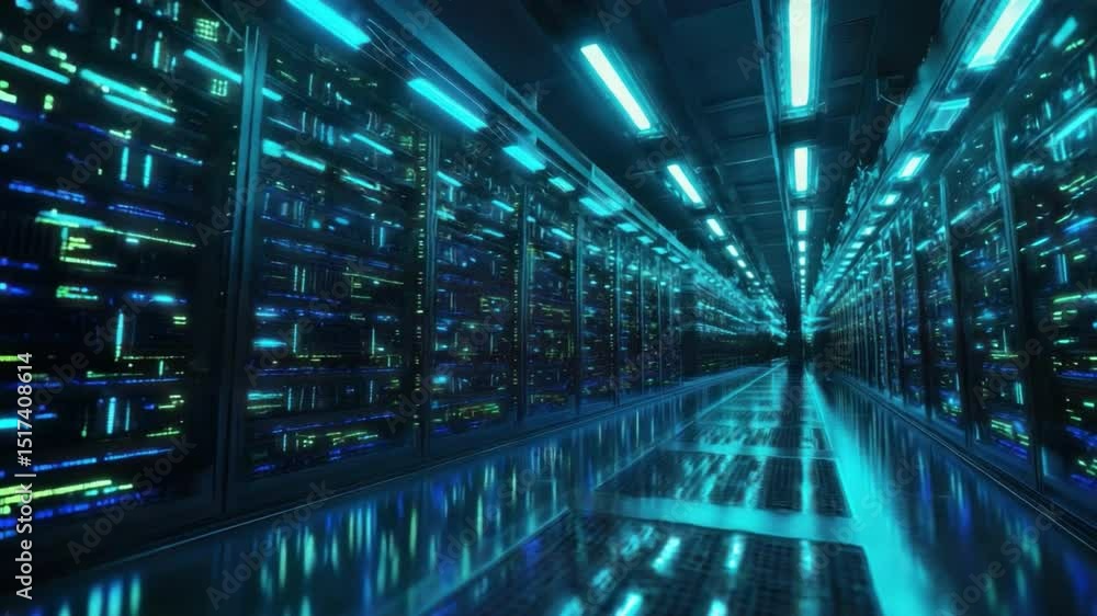Poster tech nexus: a mesmerizing view of a server room, showcasing rows of gleaming servers and luminous pa