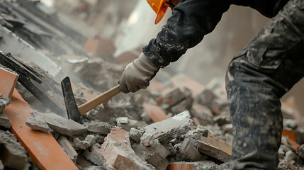Worker Using Sledgehammer Amidst Debris