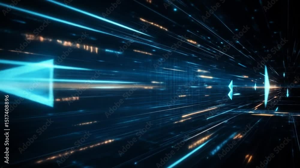 Poster futuristic data stream tunnel with glowing arrows and light trails animation
