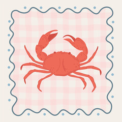 Doodle style vector illustration. Illustration of red crab on pink checkered background in square wavy frame. Sketch of dolce vita style poster.