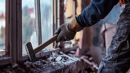 Worker Using Hammer to Remove Window Frame