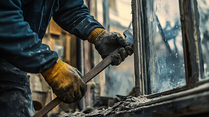 Worker Using Chisel to Remove Old Window Frame