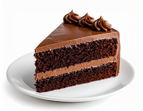 A delicious slice of moist chocolate layer cake with rich chocolate frosting is presented on a simple white plate against a pure white background. - Powered by Adobe