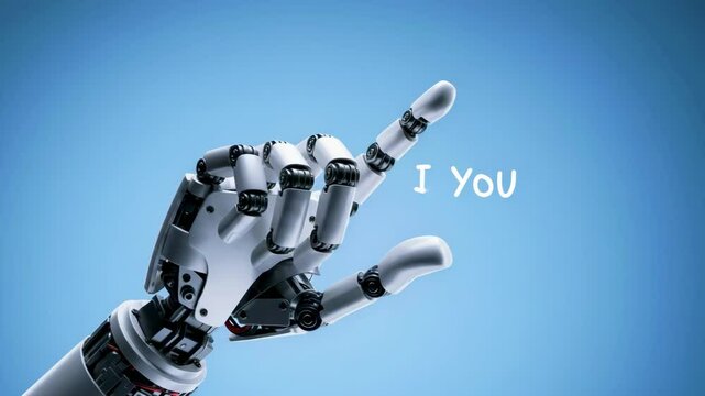 Robotic hand pointing with text 'I YOU' against a blue background, symbolizing communication and technology