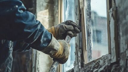 Worker Installing Window Frame in Construction Site