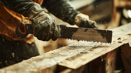 Craftsman Using Hand Saw to Cut Wood in Workshop