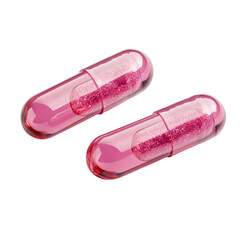 Two pink capsules filled with pink granules shown against a striped background