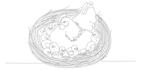 Vector Line Art of Hen with Chicks in Nest