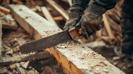 Craftsman Using Hand Saw to Cut Wood in a Workshop