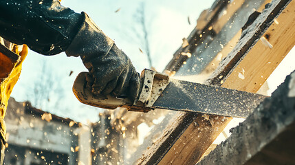 Worker Cutting Wood with Hand Saw on Construction Site