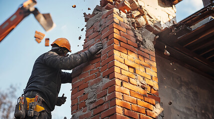 Construction Worker Demolishing Brick Wall with Heavy Machinery