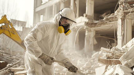 Worker in protective gear amidst rubble at a demolition site