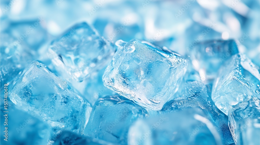 Poster ice cubes close up: crystal clear ice cubes shimmer with a cool, refreshing blue hue, creating an en