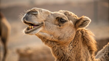 Close up of a camel s head showing teeth and fuzzy fur