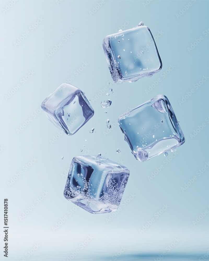 Poster crystalline cubes in mid-air: four clear ice cubes appear to float in mid-air. this image encapsulat