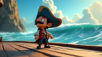 Cartoon pirate standing on ship deck overlooking wavy ocean, rock and cloudy sky