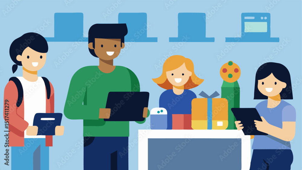Poster busy checkout a shopper at the checkout area holding a tablet and a gaming console box with other cu