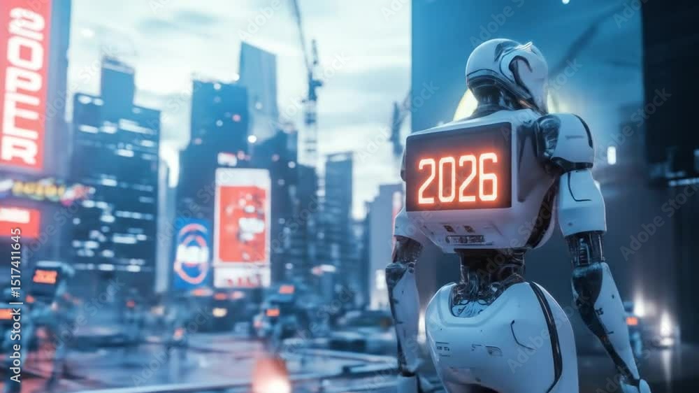 Poster robots in futuristic city with year 2026 displayed on their backs creating a sci-fi vision